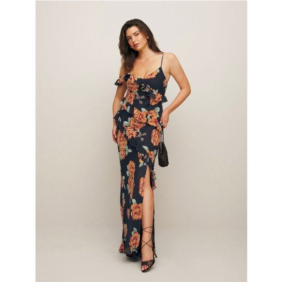 new Reformation Elysia floral print ruffle cascading gown in black orange - Picture 1 of 10